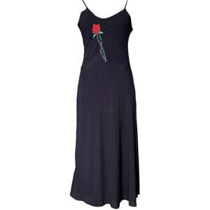 Vintage UNIF Midi Black Embroidered Rose Asymmetrical Waist Slip Dress Y2K